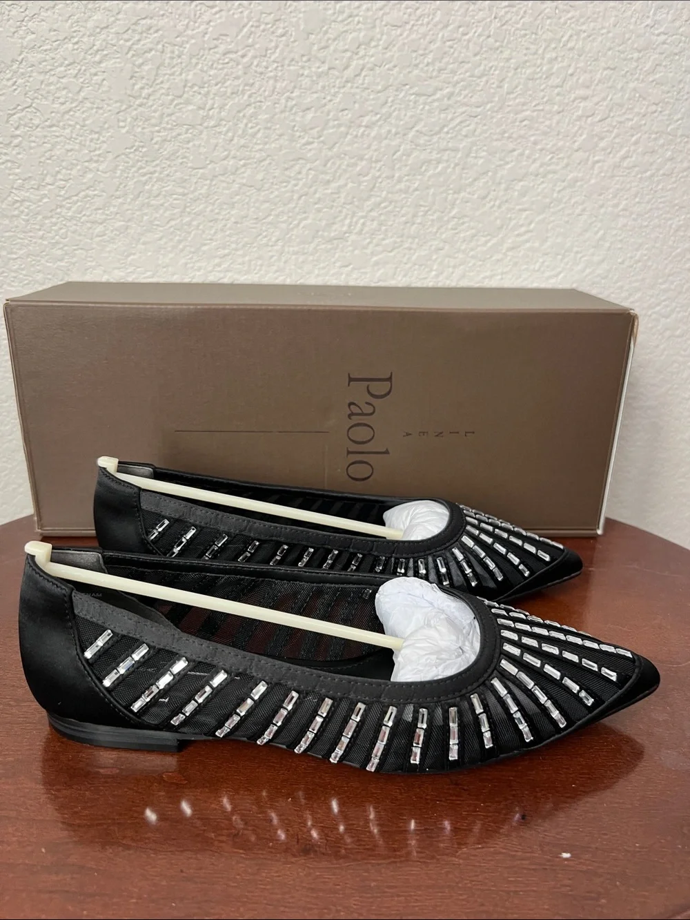 Linea Paolo Noelle Black Satin Crystal Embellished Flat Dress Shoe Size 5